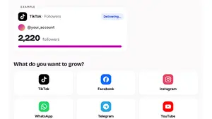 Official Exo Booster website home page showing the platforms to grow: TikTok, Facebook, Instagram, WhatsApp, Telegram and YouTube.