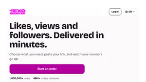 Official Exo Booster website home page showing the headline Likes, views and followers. Delivered in minutes.